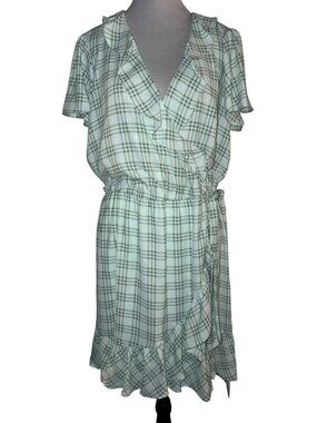 NWT Lauren Conrad Green Plaid Ruffle Short Sleeve Faux Wrap Dress - Size L